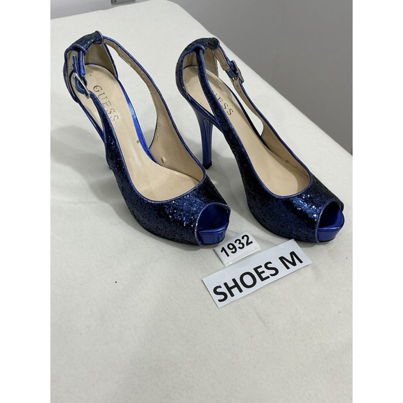 Womans Guess Blue Glitter Open Toe Platform Pumps 7 M - Picture 2 of 8